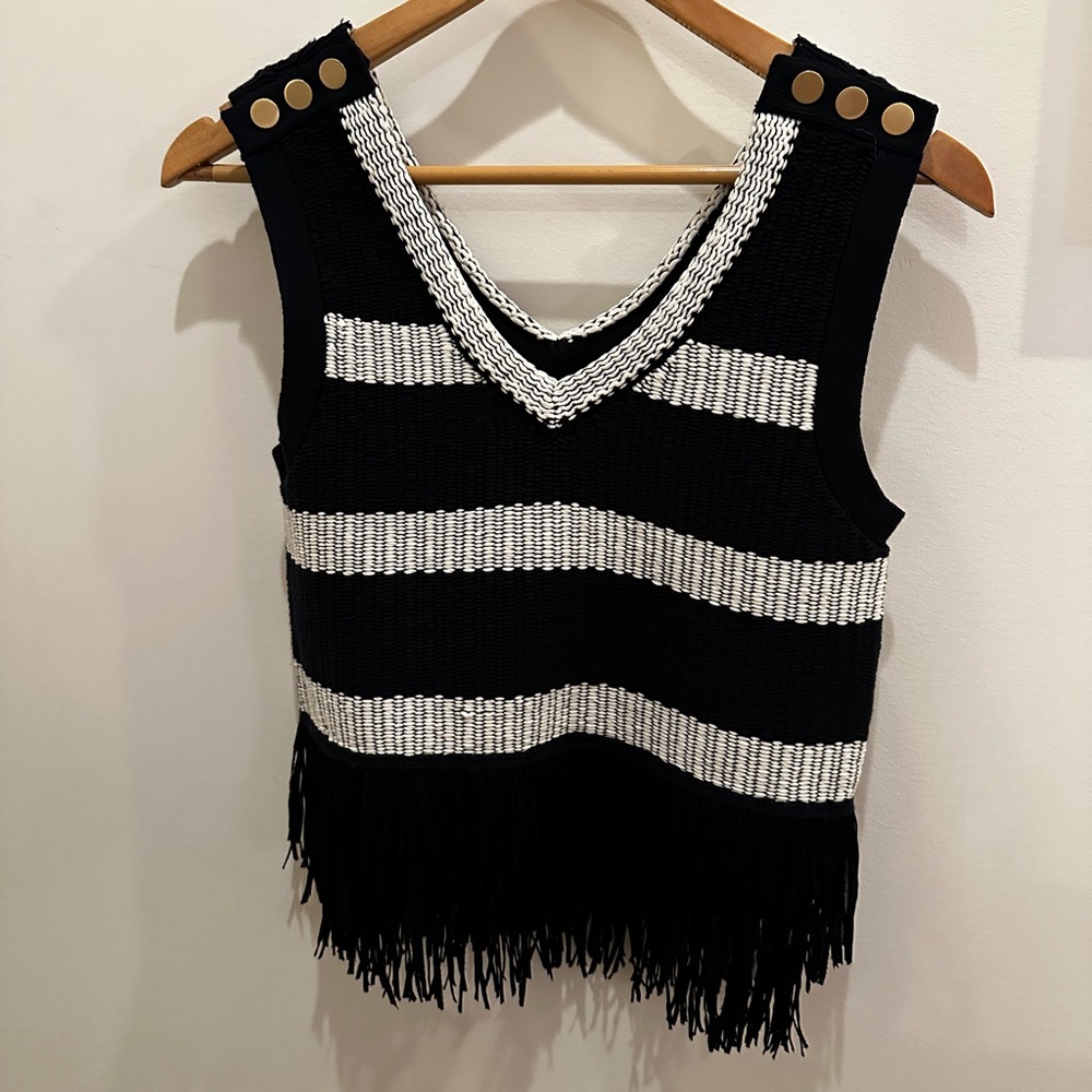 Club Monaco Olivina Fringe Sweater Tank Navy White Small